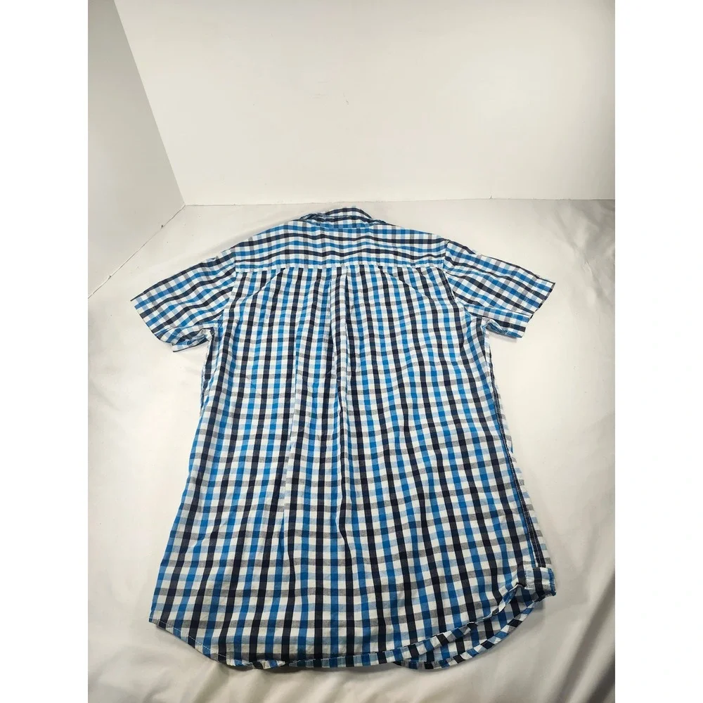 Vurt Boys Blue White Gingham Plaid Short Sleeve Button Down Shirt Size S Cotton